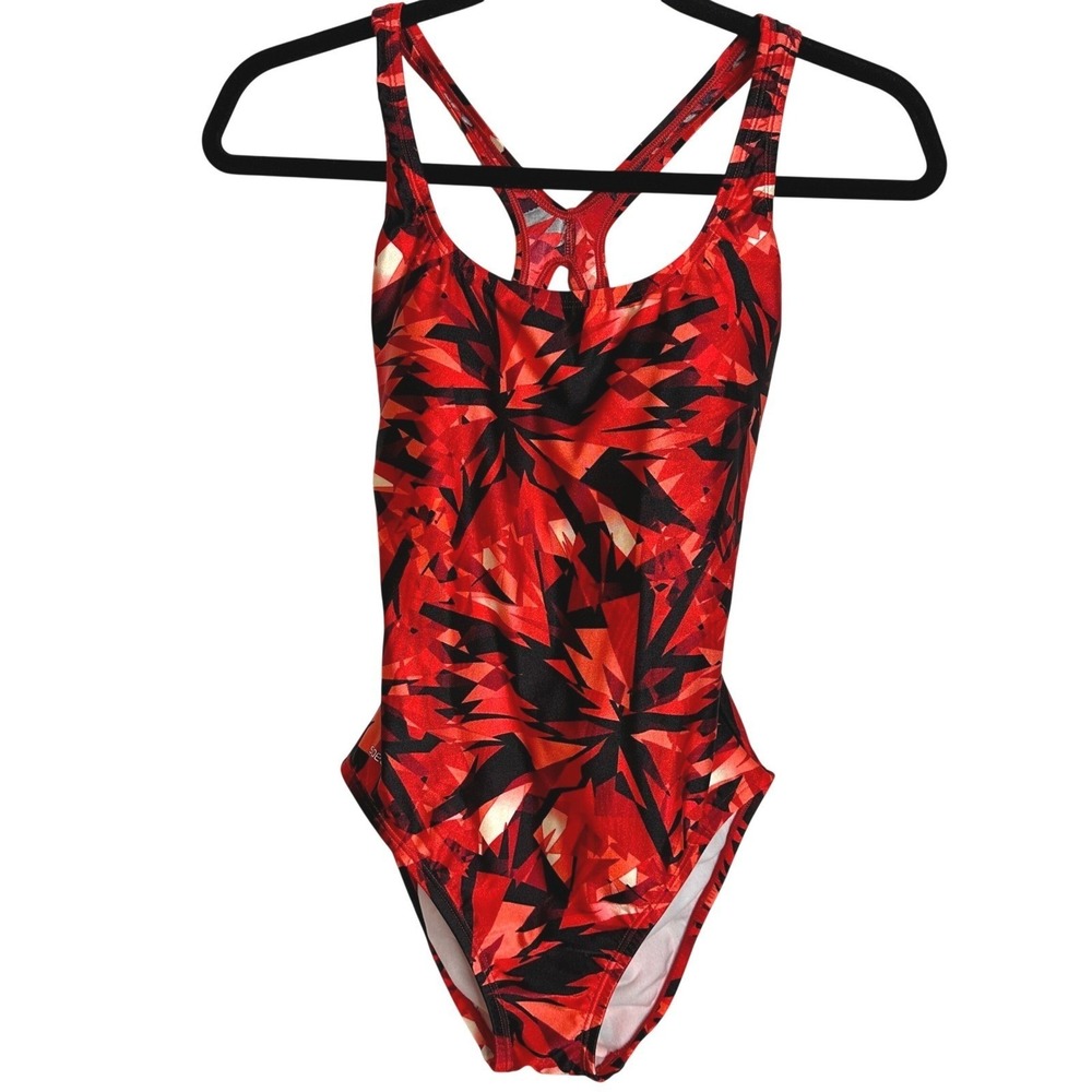 SPEEDO Women Red Black Shattered Glass One Piece Swimsuit Size 8